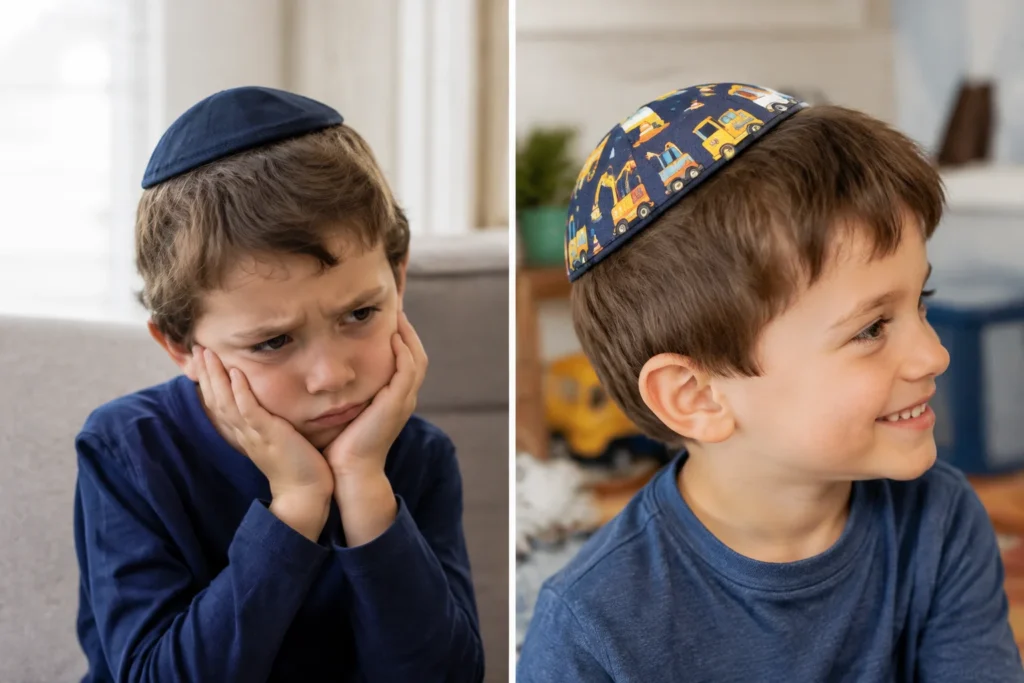 Why a custom Construction kippah wins over four-year-old boys, and how it turns tense mornings into easy ones. See what parents are picking in 2026.